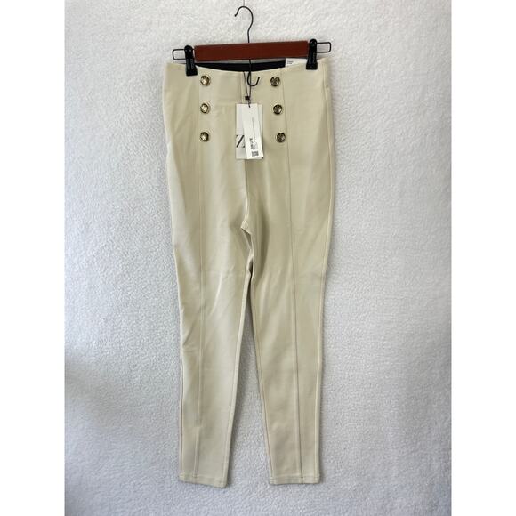 Zara Leggings Hi-Rise Women’s M Pants Beige Double Breasted Buttons‎ New - Picture 1 of 9